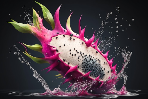 Fresh dragon fruit with water splash generative ai