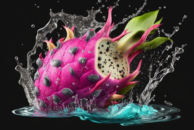 Свежий драконий фрукт с брызгами воды, генерирующий искусственный интеллект