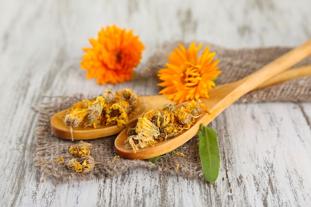 Fresh and dried calendula flowers on wooden background