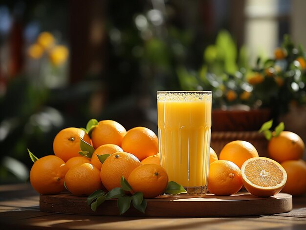 Fresh drink orange juice on wood table photo