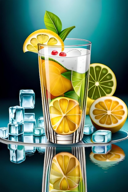 Fresh drink with lemons and green mint leaf