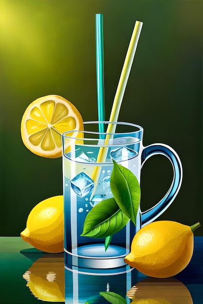 Fresh drink with lemons and green mint leaf