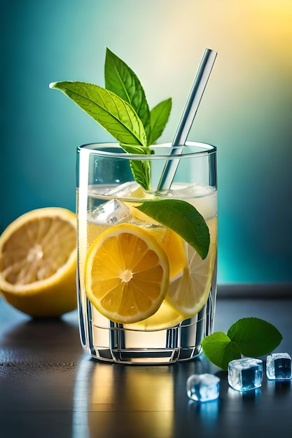 Fresh drink with lemons and green mint leaf