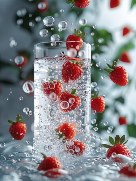 Fresh drink with strawberries and ice cubes summer beverage close up fresh drink with berries ai