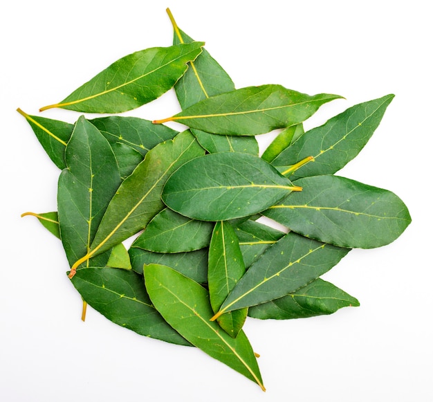 Fresh and dry bay leaves. With balls of black pepper. Isolated