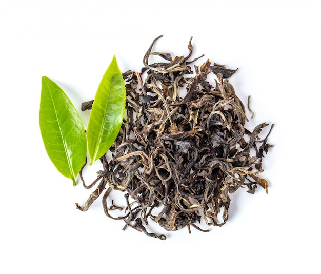 Fresh and dry tea isolated on white background. top view