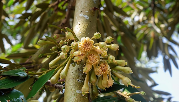 Foto fiore e germogli freschi del durian sull'albero