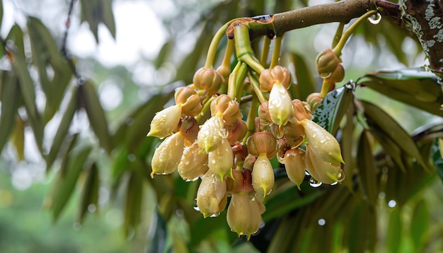 Fresh durian flower and buds on the tree