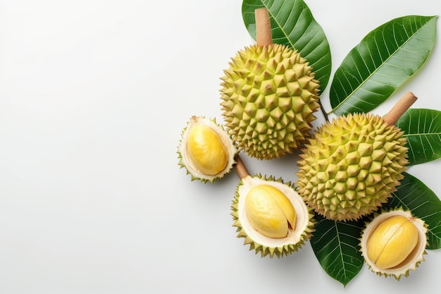 Fresh Durian Fruit With Leaves Laid Out on a Bright White Background Whole and peeled durian fruits