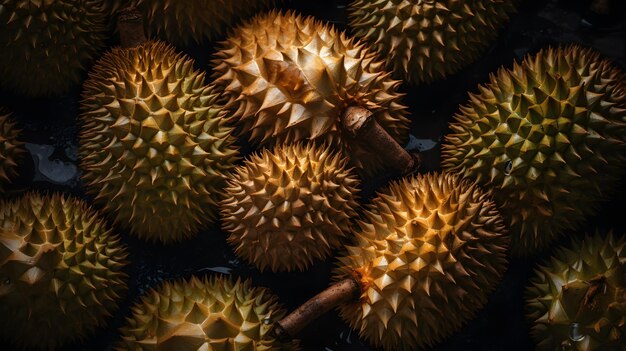 Fresh durian with water splashes and drops on black background