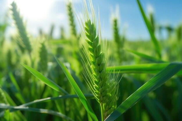 Fresh ears of young green wheat and on nature in spring summer field Generative AI