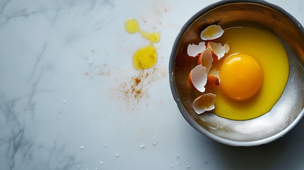 Fresh egg in a bowl with broken shell pieces on marble surface simple culinary concept ideal for food blogs and recipes highquality image AI