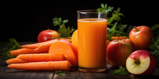 Fresh egg and carrot juice with herbs in a glass on a wooden table Generative AI