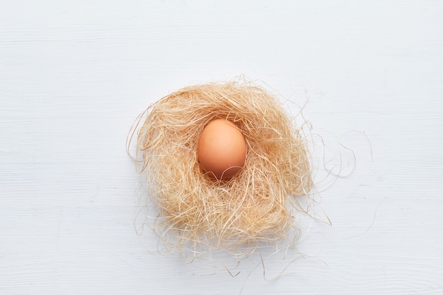 Fresh egg on a straw nest on a wooden table. Happy easter concept.