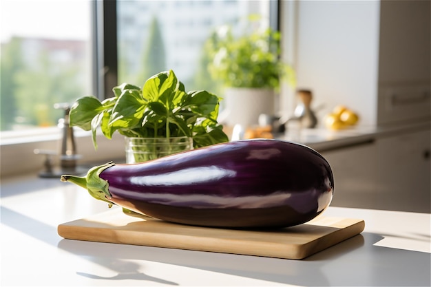 Fresh eggplant on a cutting board close up in a light modern kitchen near the window