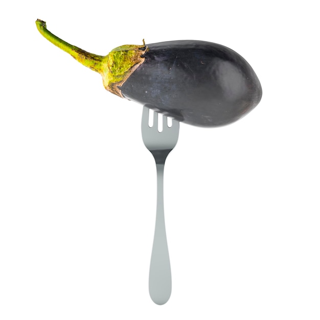 Fresh eggplant on fork 3D rendering