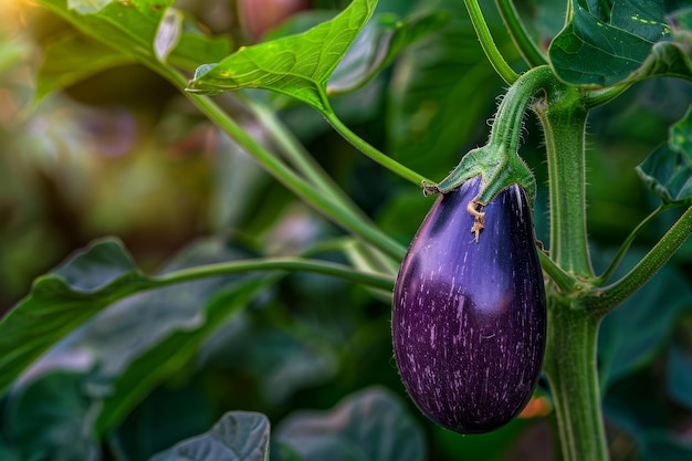 Fresh eggplant growing on a plant in a garden