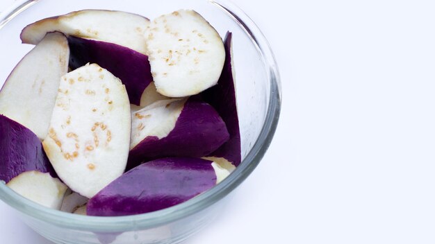 Fresh eggplant on white background copy space