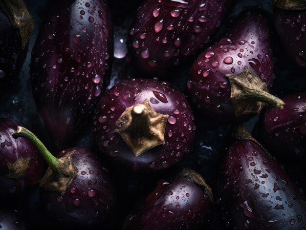 Fresh eggplant with water drops Close up Full frame background top view