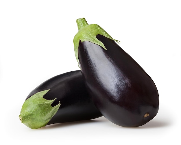 Fresh eggplants isolated on white background with clipping path