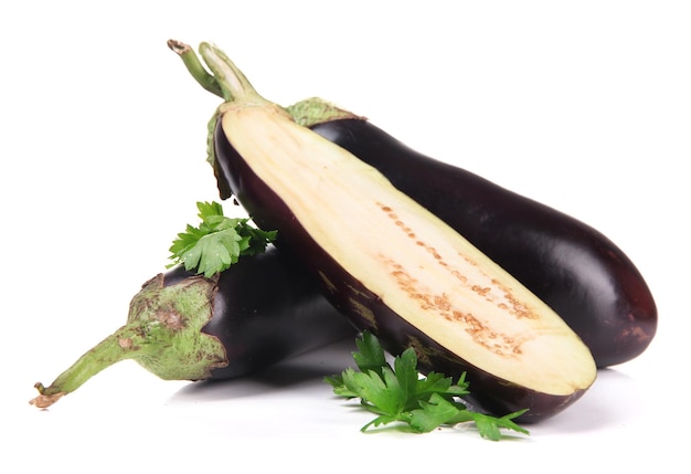 Fresh eggplants isolated on white