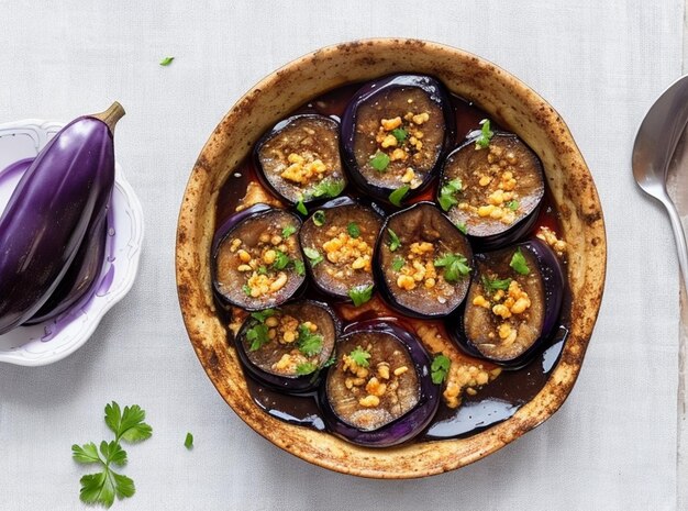 Photo fresh eggplants with spices and olive oil