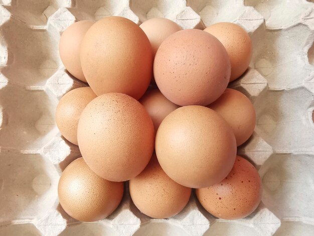 Fresh eggs in the egg stall egg tray or egg panel