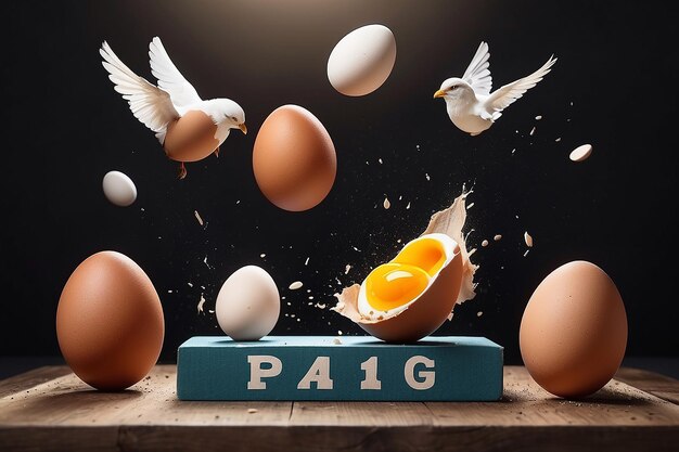 Fresh eggs flying over a winning podium