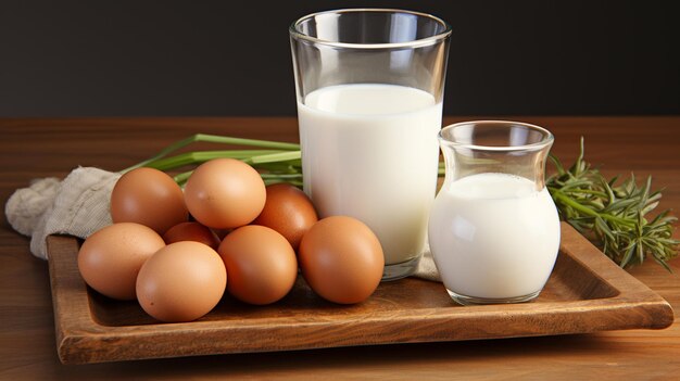 Foto uova fresche e latte nel bicchiere