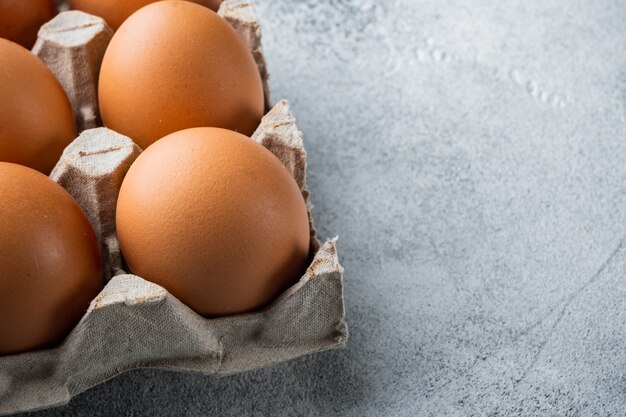 Fresh eggs on paper egg box set on gray background , with space for text copyspace