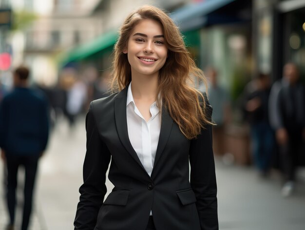 Fresh and energetic business woman in a suitwalking street