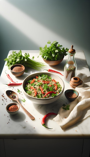 Fresh Ensalada de Quinua on White Marble Counter