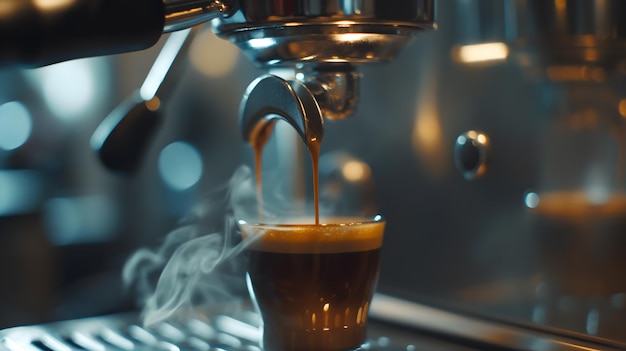 Photo fresh espresso pouring into a cup from a professional coffee machine