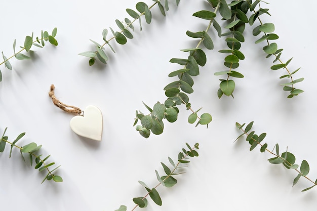 Photo fresh eucalyptus leaves and twigs wooden heart trinket with white enamel and hemp cord top view on off white tabletop simple minimal flat lay monochromatic background in ivory and green shades