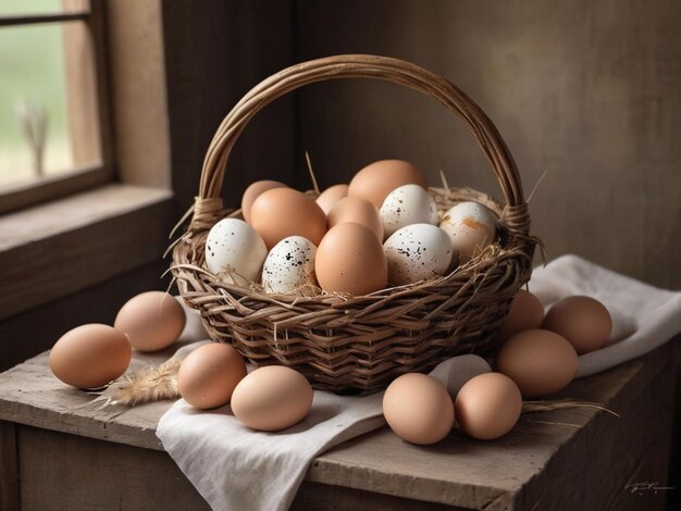 Photo fresh farm egg basket with buff colors feathers as they surround a basket of eggs photography