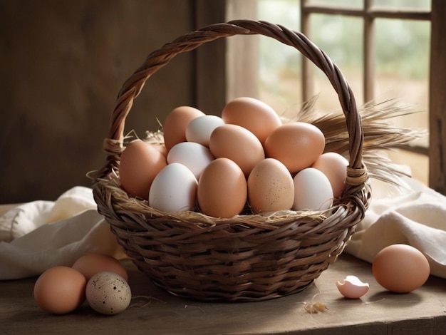 Photo fresh farm egg basket with buff colors feathers as they surround a basket of eggs photography