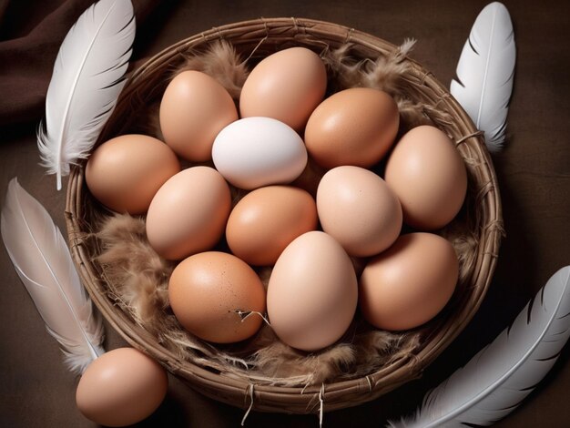 Photo fresh farm egg basket with buff colors feathers as they surround a basket of eggs photography