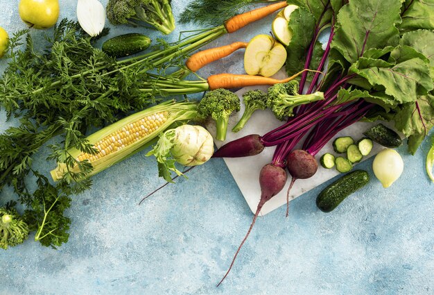 Fresh farm vegetables top view