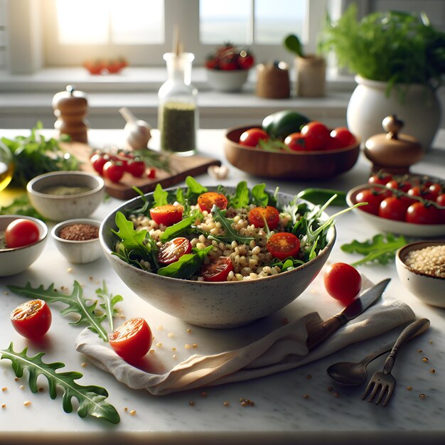 Fresh Farro Salad on Marble Kitchen Counter