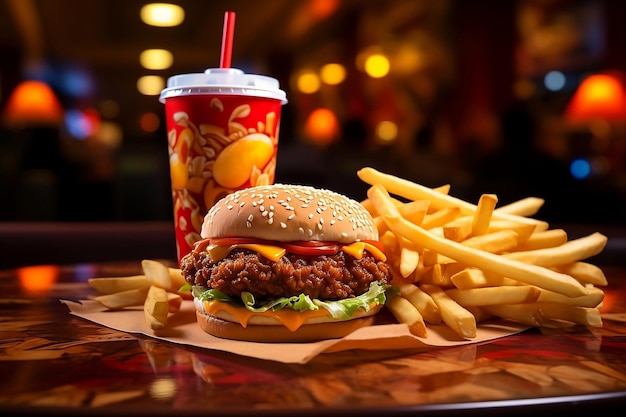 Fresh fast food menu with burger and fried potatoes on table