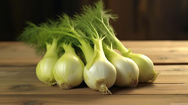 Fresh fennel bulbs and garlic on wooden table closeup