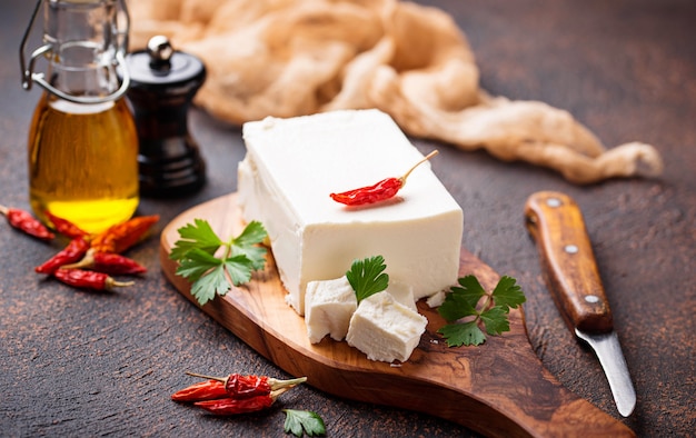 Fresh feta cheese with spices 