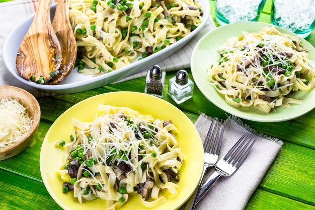 Fresh fettuccine with creamy mushroom sauce.