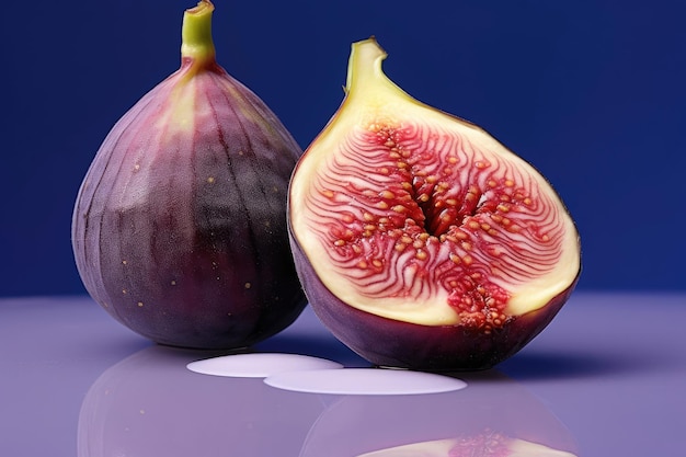 a fresh fig cut in half showcasing its vibrant inside