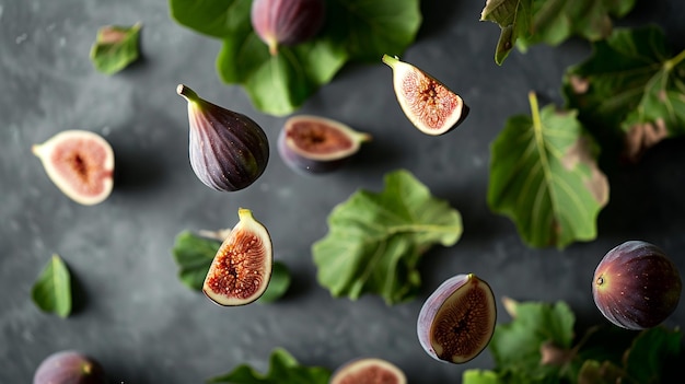 fresh figs with mint on black background