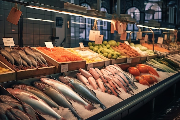 Fresh fish on display at a fish market with AI generated