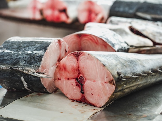 Fresh fish at the fish market. Close-up