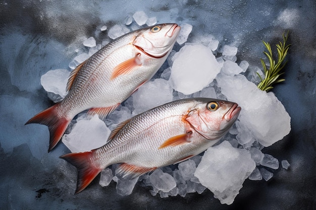 Fresh fish on ice cubes on gray concrete background top view Generated AI