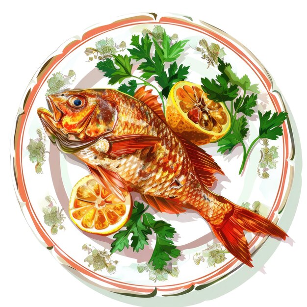 fresh fish on a plate with lemon and parsley on white background