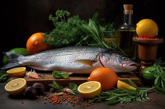 Fresh fish seabass and ingredients for cooking